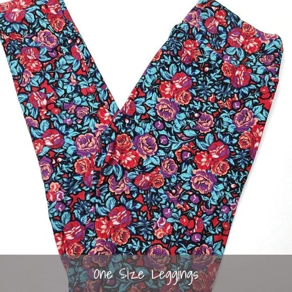 LuLaRoe OS Leggings Floral Red Purple Blue NEW - Picture 1 of 1